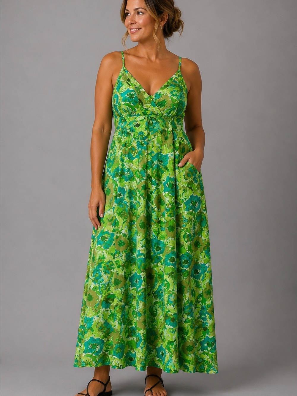 Garnet Hill Green Cotton Maxi Dress Size 14